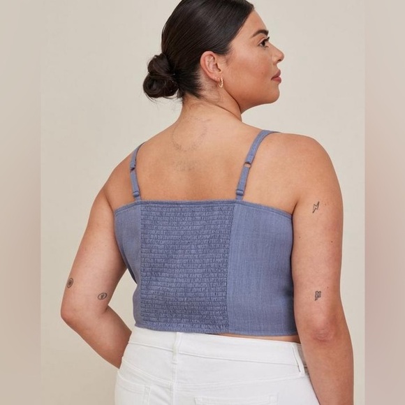 Torrid Linen Blend Button-Front Crop Tank in light steel blue - Picture 3 of 12